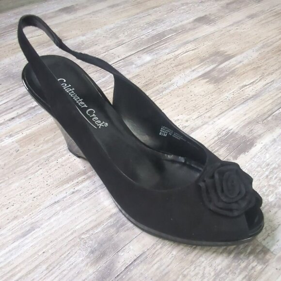 Coldwater Creek Suede Rose Sling Wedge Peep Toe Sandals Womens 8.5 Black NEW - Picture 2 of 14